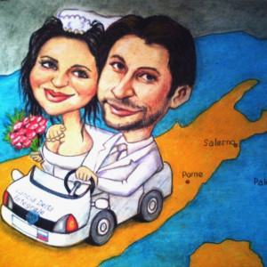 Шарж для молодожёнов. б.пастель, 30х40, 2015 г.