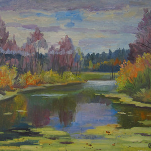 Осенний пруд. Этюд. Х.м., 40х45, 2021 г.