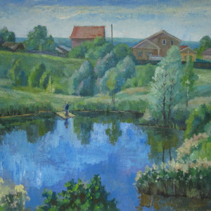 Летний пейзаж с прудом,